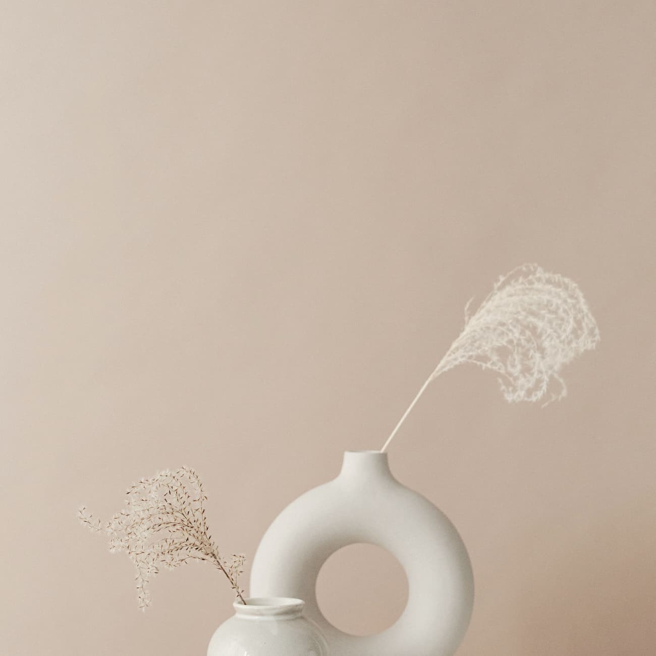 A plain ceramic vessel holding a single dried stem